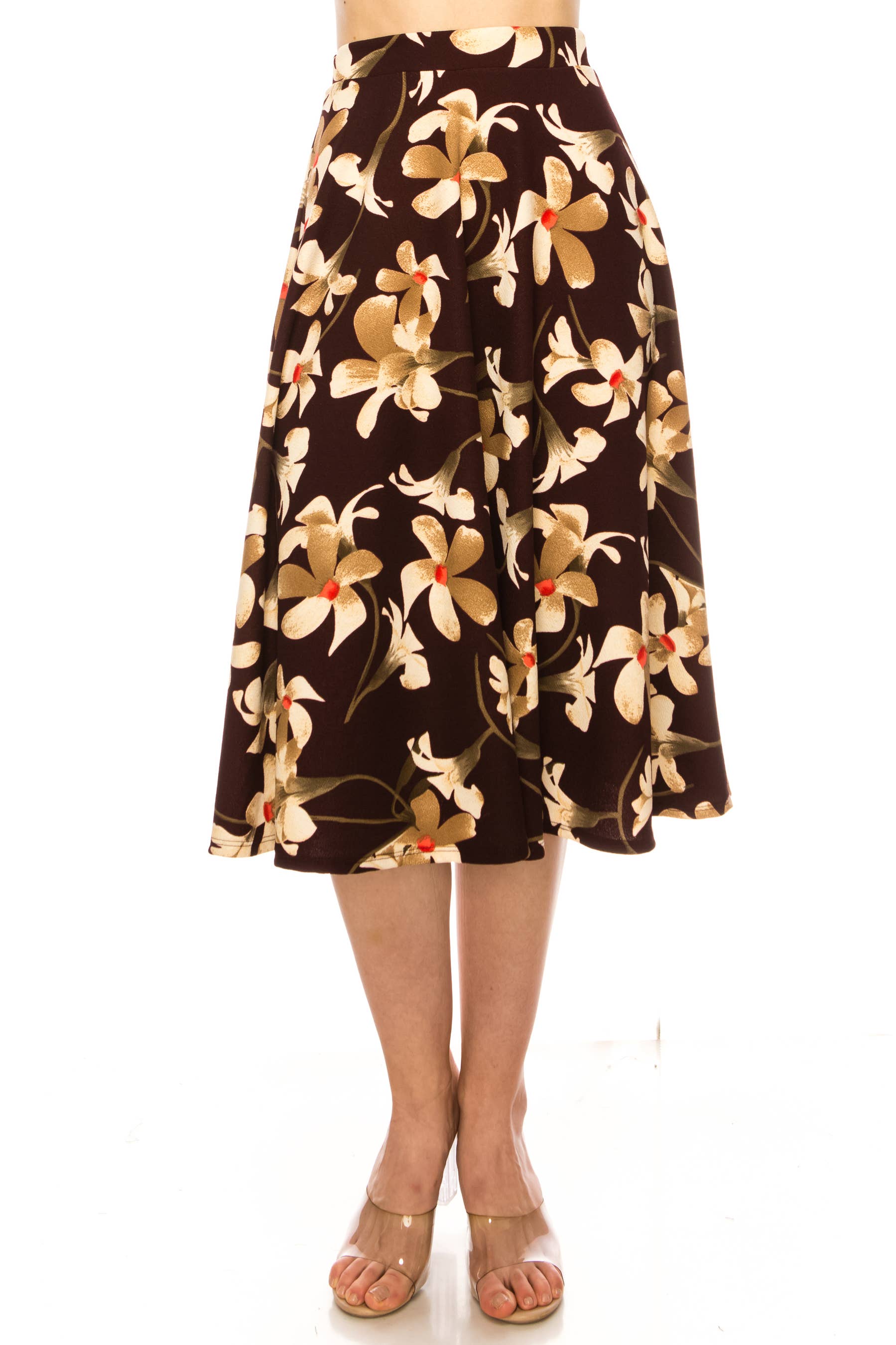 MOA COLLECTION - Wholesale Skirt - Women's - Women's A-line midi skirt with flowers and elastic waistband