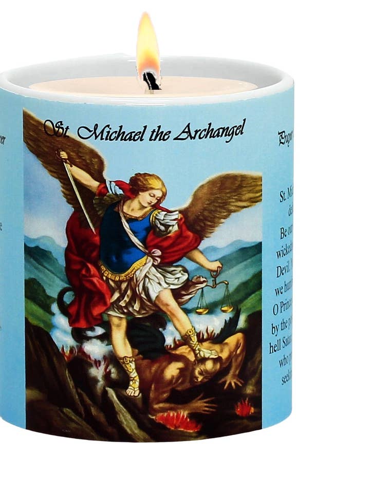 CHRISTELIJKE KAARSEN: Gebedskaars - Porseleinen Sojawaskaars - St. Michaël de Aartsengel voor wholesale door SublimArt