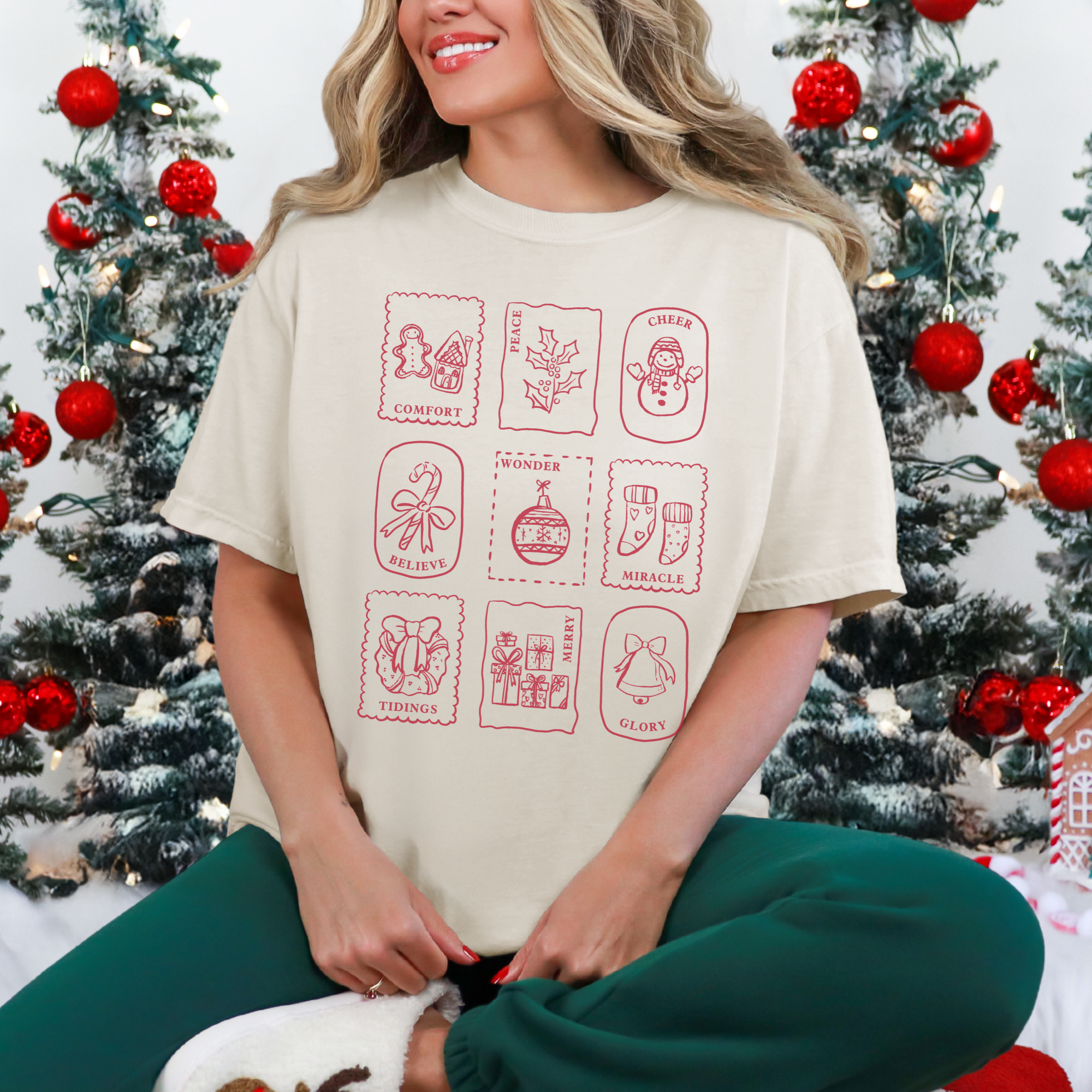 Scripted Pearl - Wholesale Screen Printed T-Shirt - Women's - Christmas Stamps Comfort Colors Holiday Graphic T Shirt10