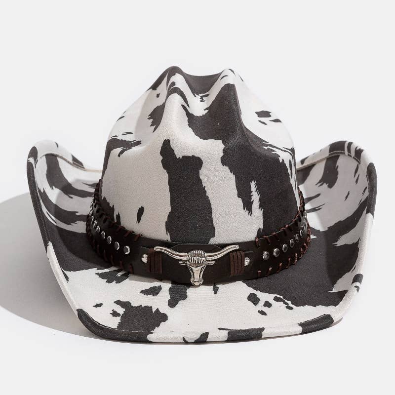 Collections by Fame Accessories - Wholesale Fedora - Women's - Western Bull Head Strap Cow Print Cowboy Hat0