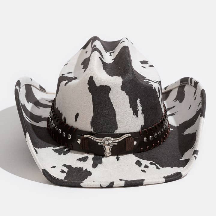 Collections by Fame Accessories - Wholesale Fedora - Women's - Western Bull Head Strap Cow Print Cowboy Hat