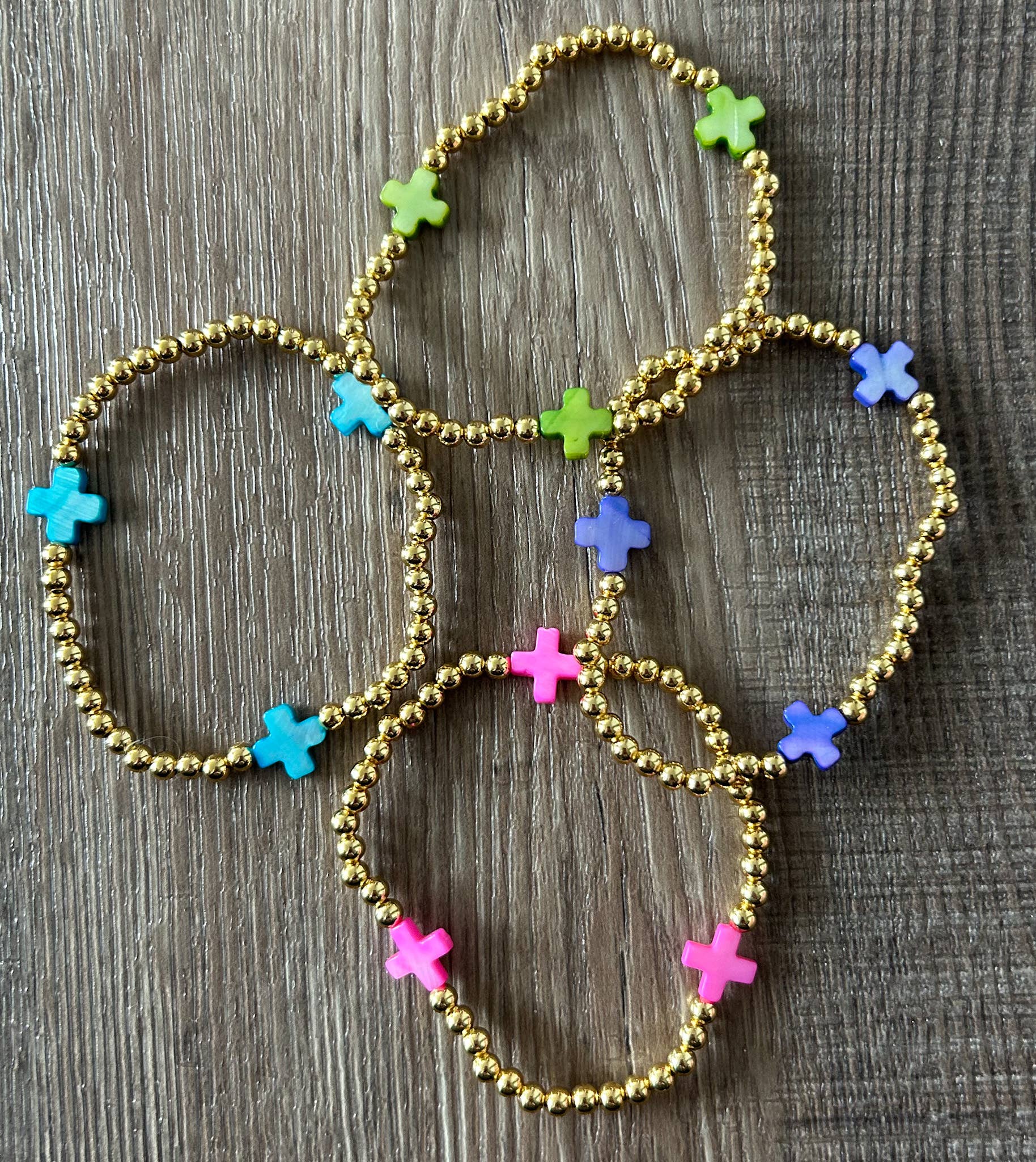 JILLIAN INK LLC - Wholesale Beaded Bracelet - Gold with Colored Cross Beaded Stretch Bracelet1