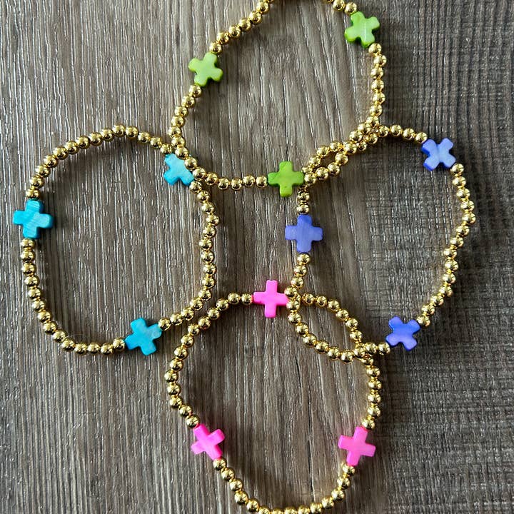 JILLIAN INK LLC - Wholesale Beaded Bracelet - Gold with Colored Cross Beaded Stretch Bracelet1