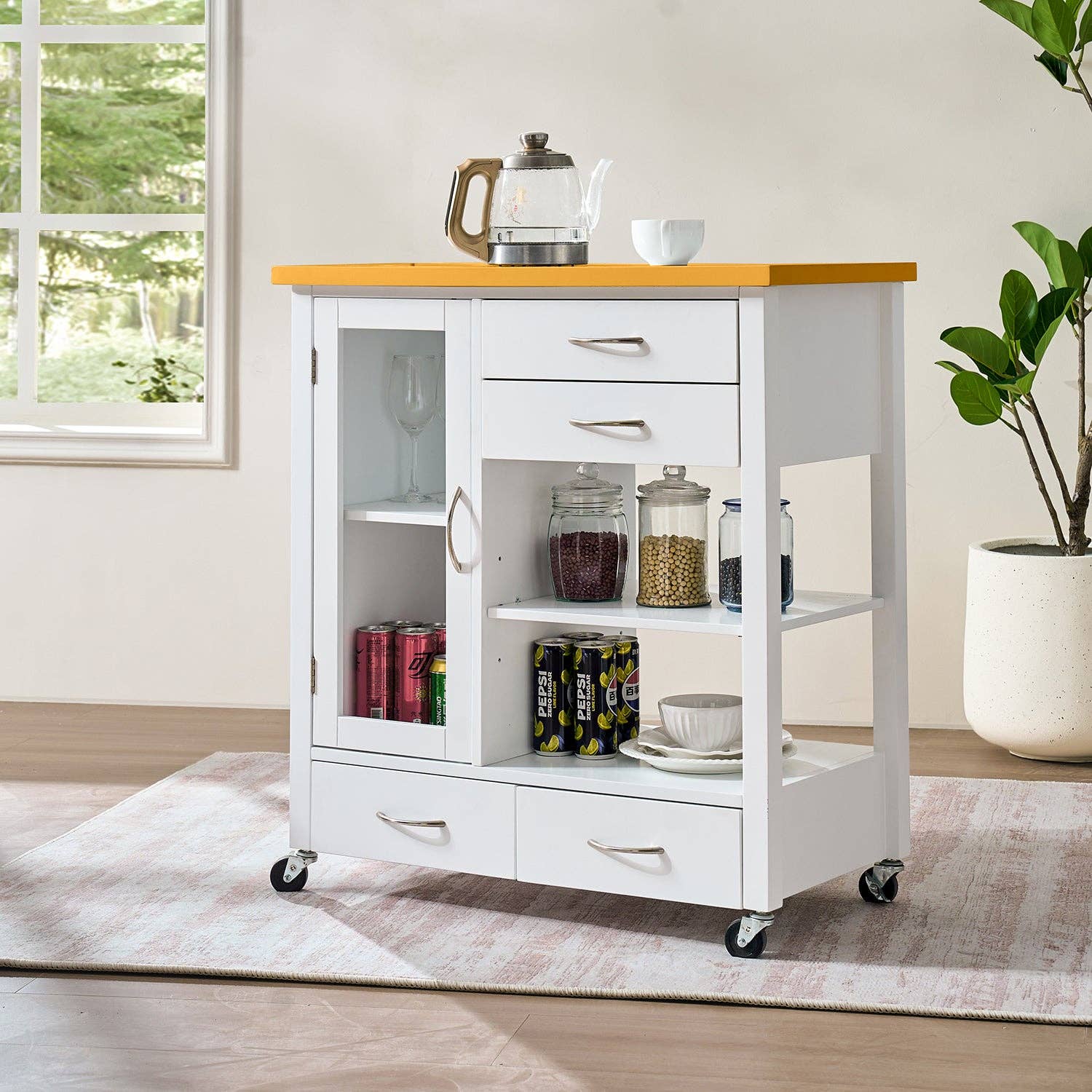 39F Inc. - Wholesale Kitchen Storage/Organizer - White Kitchen Island Cart with Walnut Top and Storage Drawer0