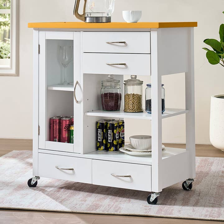 39F Inc. - Wholesale Kitchen Storage/Organizer - White Kitchen Island Cart with Walnut Top and Storage Drawer0