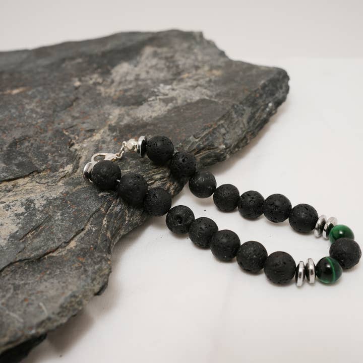 Handmade Lava Stone Bracelet for Men with Green Tiger Eye for wholesale by Hadi Craft