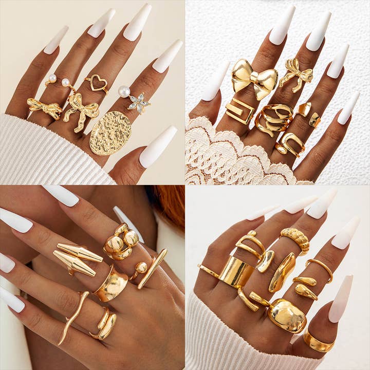 Geometric Hollow Statement Ring Set Stylish Mixed Metal Rings for wholesale by DREAM VERA APPAREL
