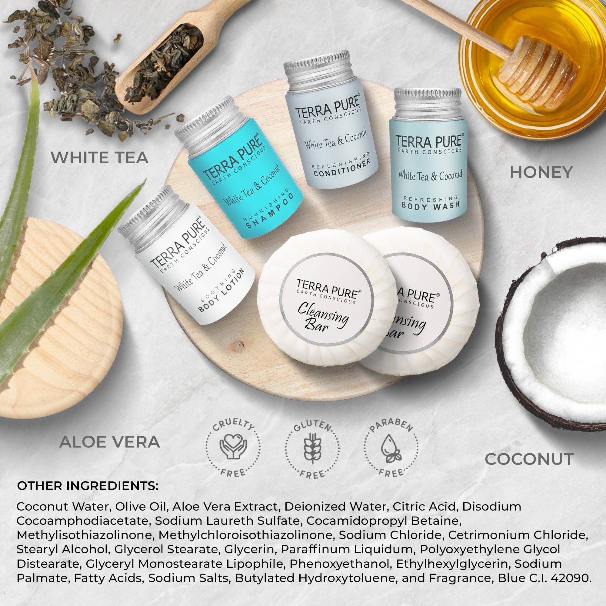 Diversified Hospitality Solutions - Wholesale Bath & Body Set - Terra Pure White Tea & Coconut Amenity & Accessory Kit |1oz Travel Size Shampoo, Conditioner, Lotion, Body Wash, 2 Cleansing Bars, Shave & Dental Sets, Make-Up Remover Wipes, & Vanity Kit | 15 Boxes5