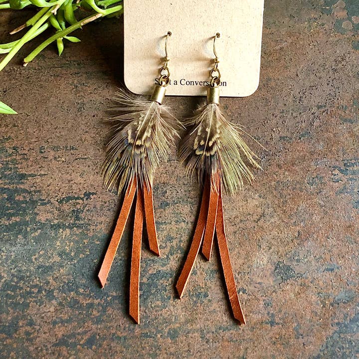 ASTALI - Wholesale Tassel Earrings - Feather Mini Earrings - Rust Leather & Pheasant Feathers0