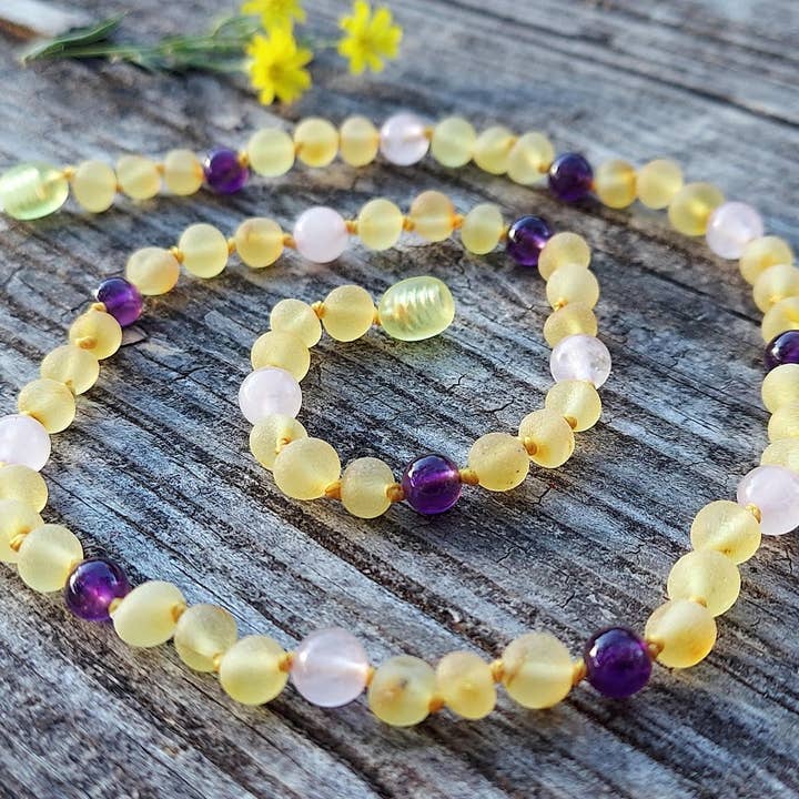 Amber Auksas – Engroshandel Perlehalskæde – Deluxe Baltic Amber m/Rose Quartz Ametyst 17.5" voksen halskæde1