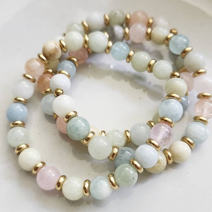 Morganite Beaded Stretch Bracelets for Easter and Spring for wholesale by Sara Sela Jewelry