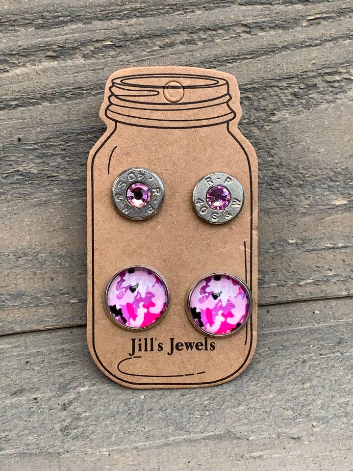 Jill's Jewels - Wholesale Jewelry Set - Pink Camo 40 Caliber Bullet Earring Set0