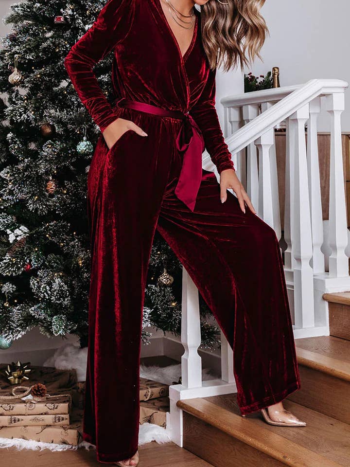 Red Elegant velvet straight-leg new solid color jumpsuit for wholesale on Faire3