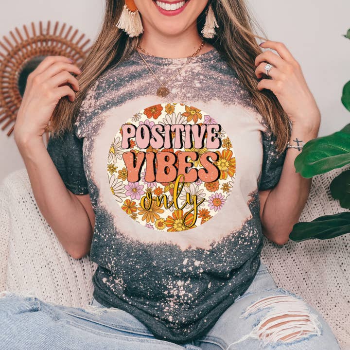 Positive Vibes Bleached Graphic Tee for wholesale by Londas Trendy Tees