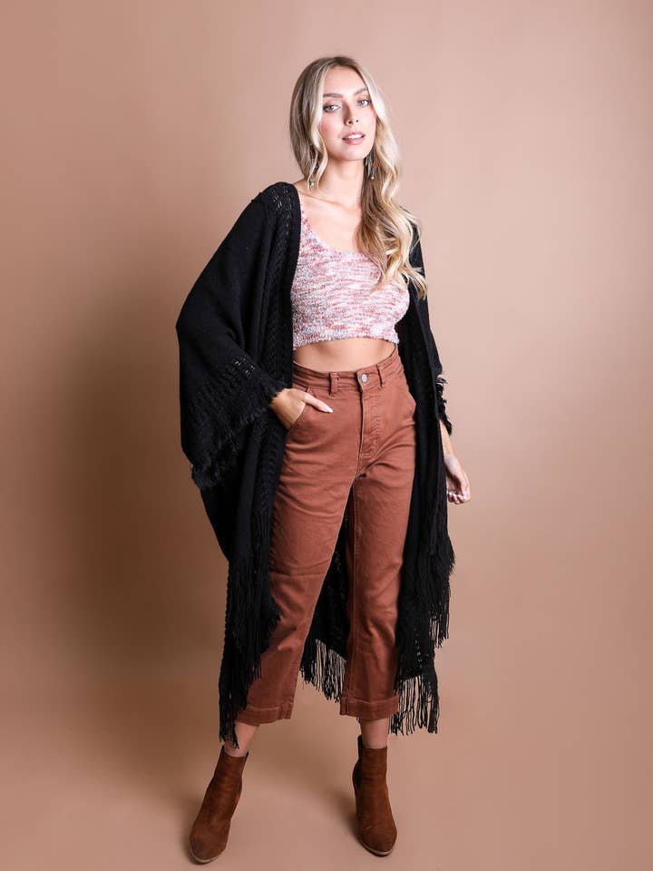 Leto Accessories - Wholesale Kimono - Women's - Bestselling Open Work Frayed Border Bohemian Ruana