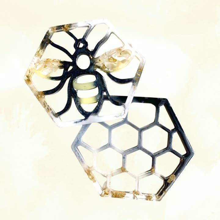Bee and Honeycomb Resin Coaster, Set of 2, Handcrafted Resin Coaster, Bee Theme Handmade Gift, Home Decor, Functional Art, Resin Coaster Set for wholesale by bJenuineCo