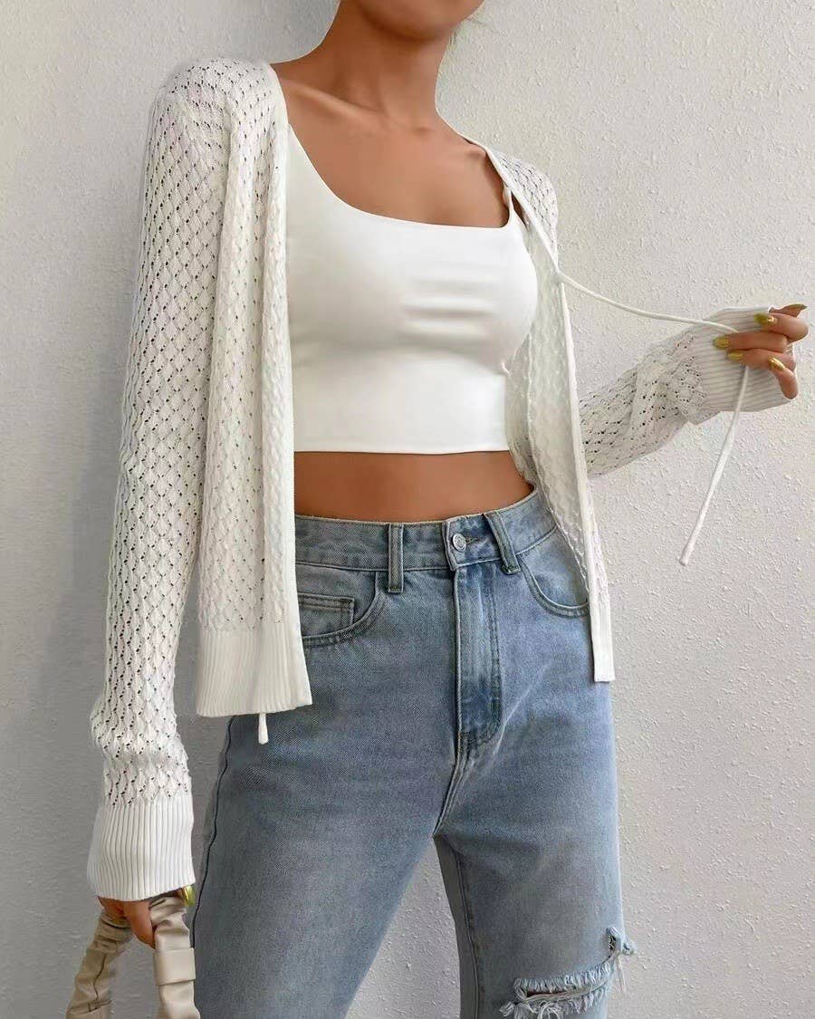 White Textured Lace-Up Cutout-Knit Cardigan for wholesale on Faire3