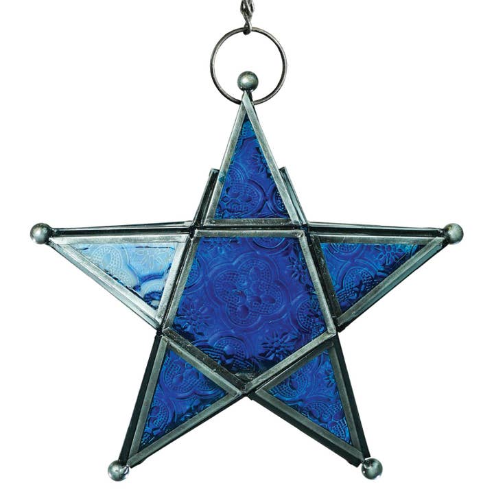 In the Breeze, LLC. - Wholesale Candle Holder - Blue 5-Point Star Hanging Tealight Lantern