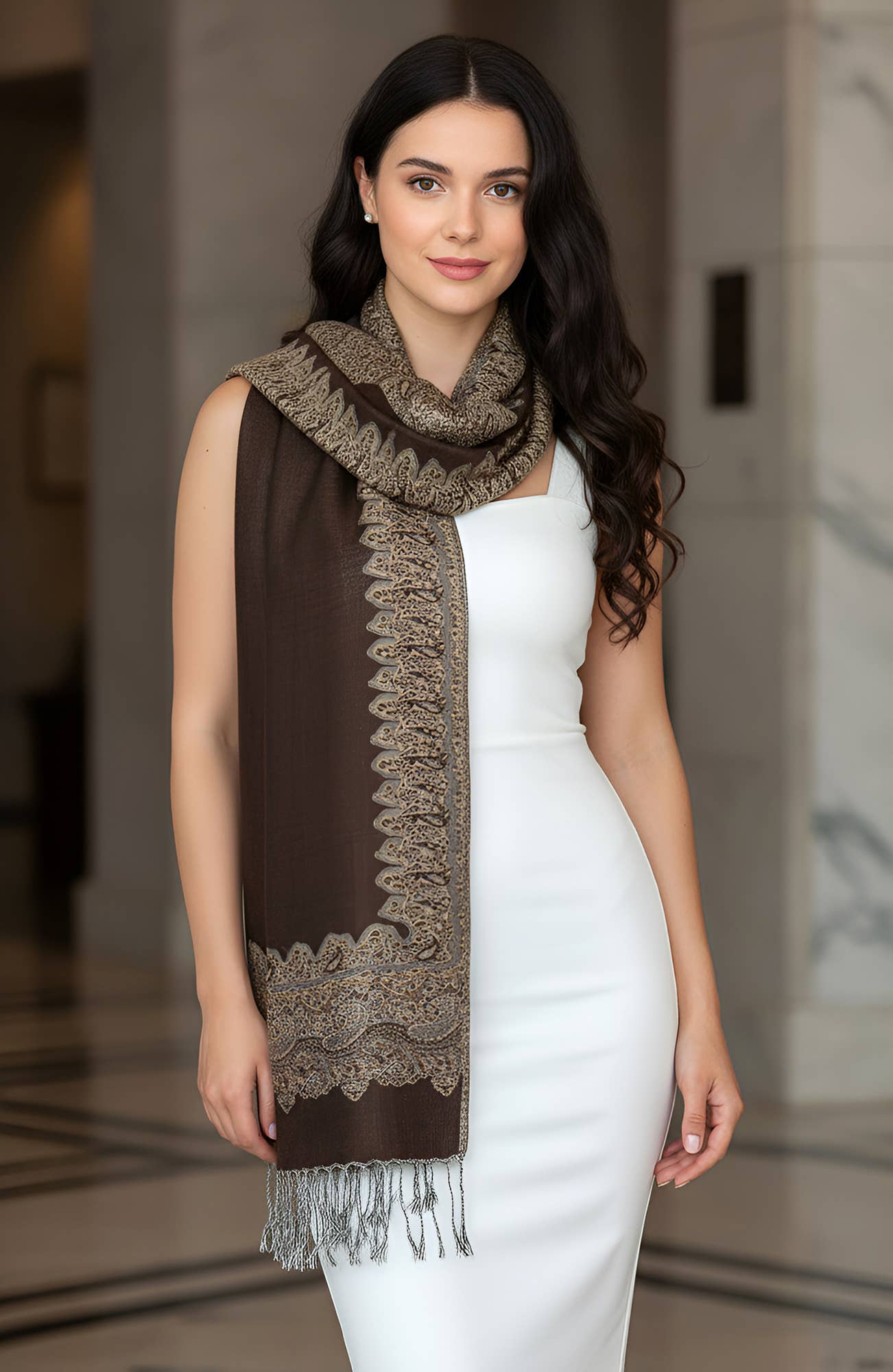 SERENITA - Wholesale Scarf - Women's - Pashmina Scarf Paisley Border Reversible Wrap Wedding Shawl 1