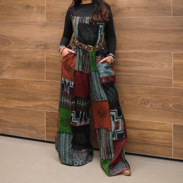 Karma Nepal Crafts - Wholesale Jumpsuit - Women's - Patchwork Wool Blend Wide Leg Jumpsuit
