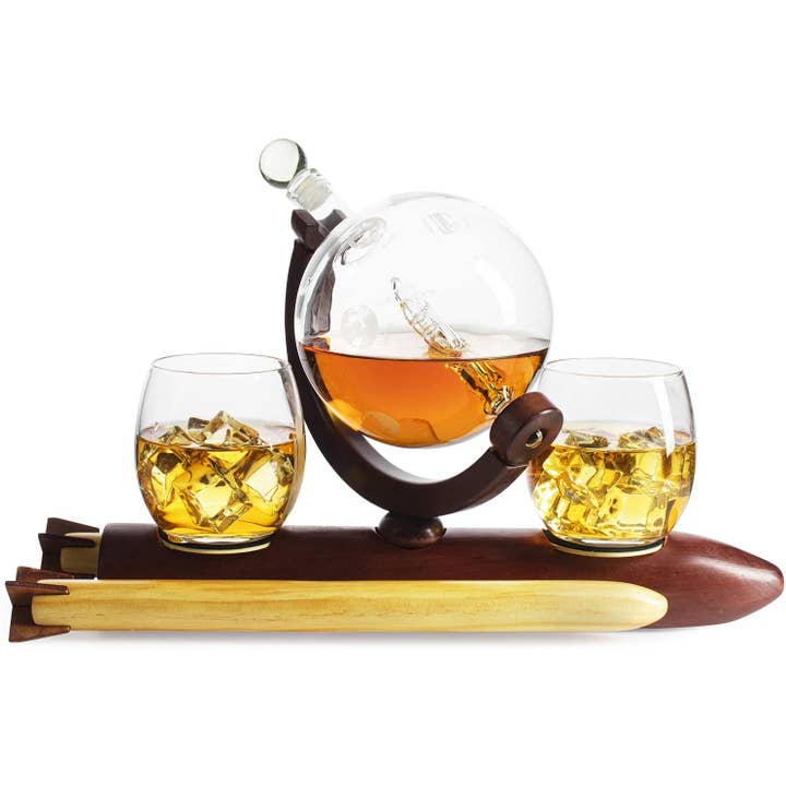 The Wine Savant / Khen Glassware - Wholesale Decanter - Rocket Whiskey Decanter Set, Solar System With Planets Globe