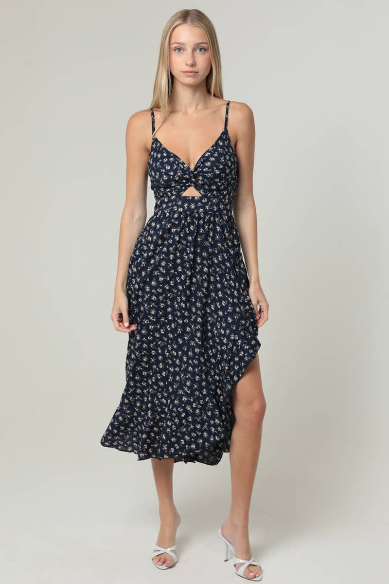 ANGIE - Wholesale Dress - Women's - C4F25-WA92 V NECK TWIST FRONT CUT OUT SIDE SLIT RUFFLE MIDI 1