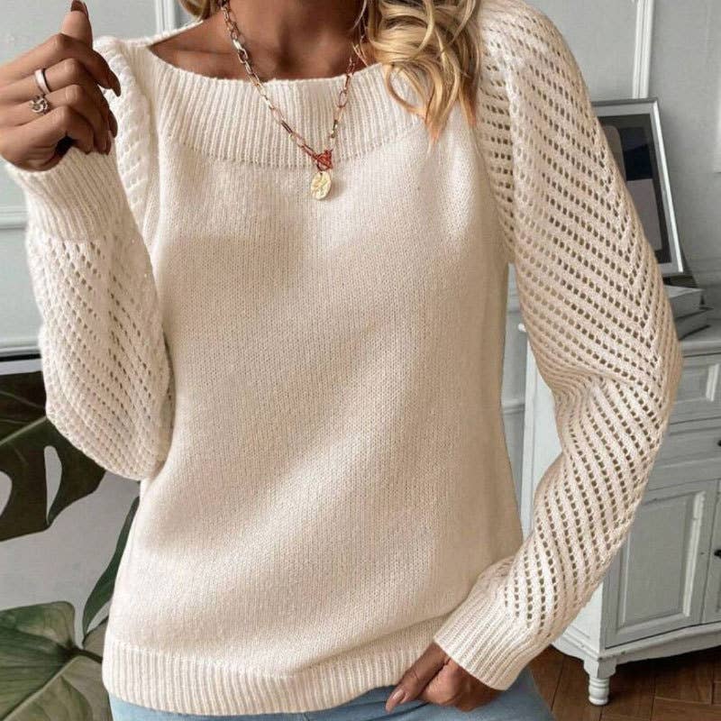 Beige plain open knit sleeve patchwork pullover jumper for wholesale on Faire3