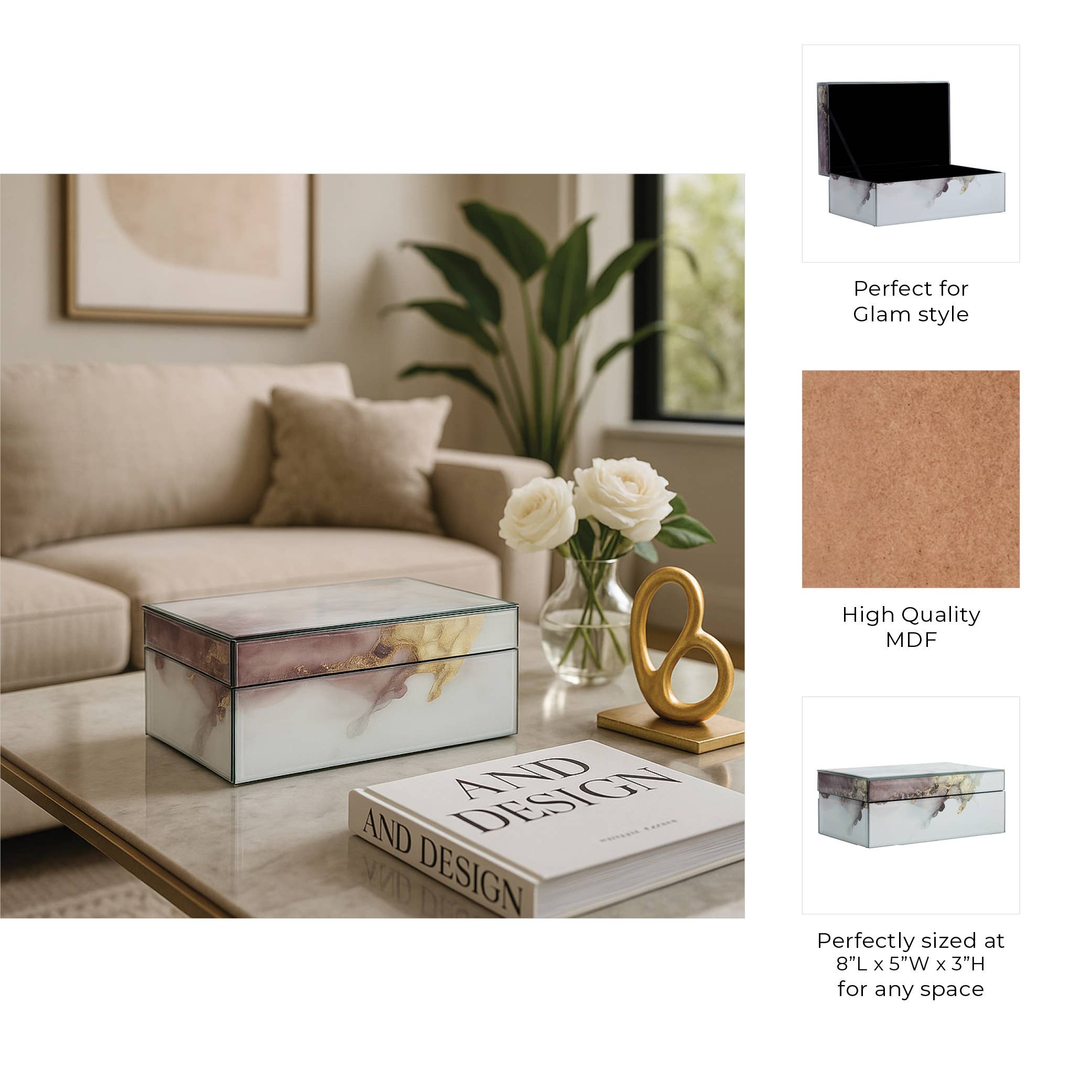 Sagebrook Home - Wholesale Decorative Box - Decorative Box - White/Beige/Gold Wood Abstract, 8x3 in.4