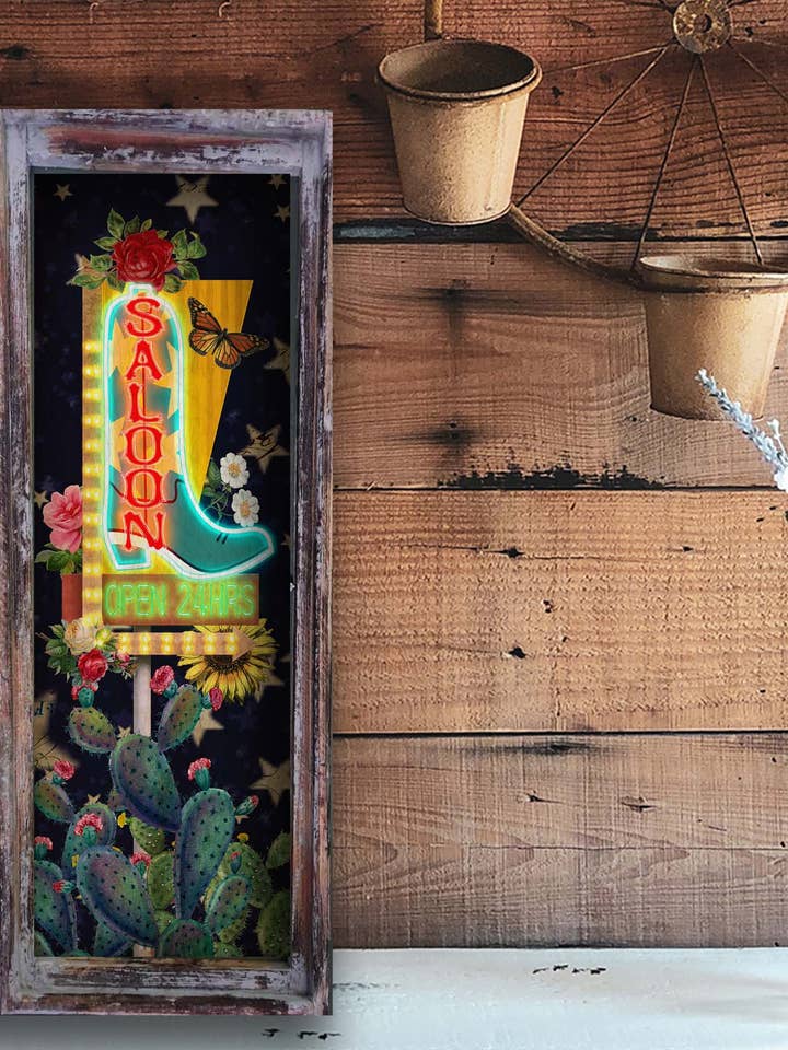 Boot Saloon, obra de arte rectangular pequeña de 11 x 28 pulgadas para venta al por mayor de TroubleMaker Trading Company