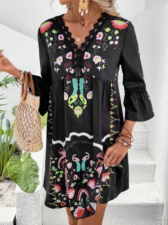 Comely Fashion - Wholesale Dress - Women's - Floral Printed Lace Patchwork V-neck Summer Dress