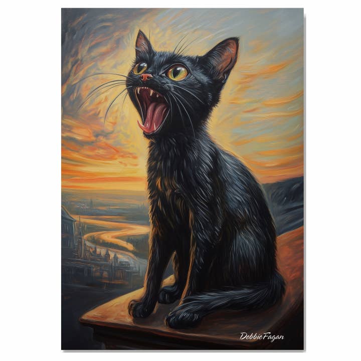 Lienzo de arte de gato negro gritando en el tejado al atardecer para venta al por mayor de Art Paradise Studios