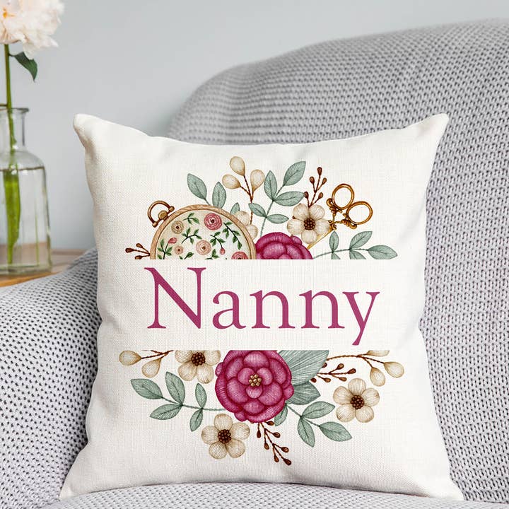 Cross Stitch Themed Nanny Cushion for wholesale by DoodlecardsBoutique