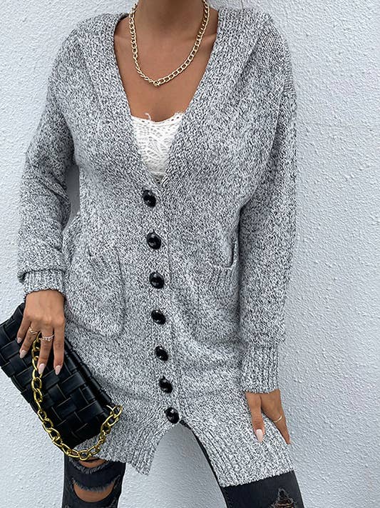 Long Gray Knit Dual Pocket Hooded Cardigan with front button for wholesale by KTNN Studio Inc.