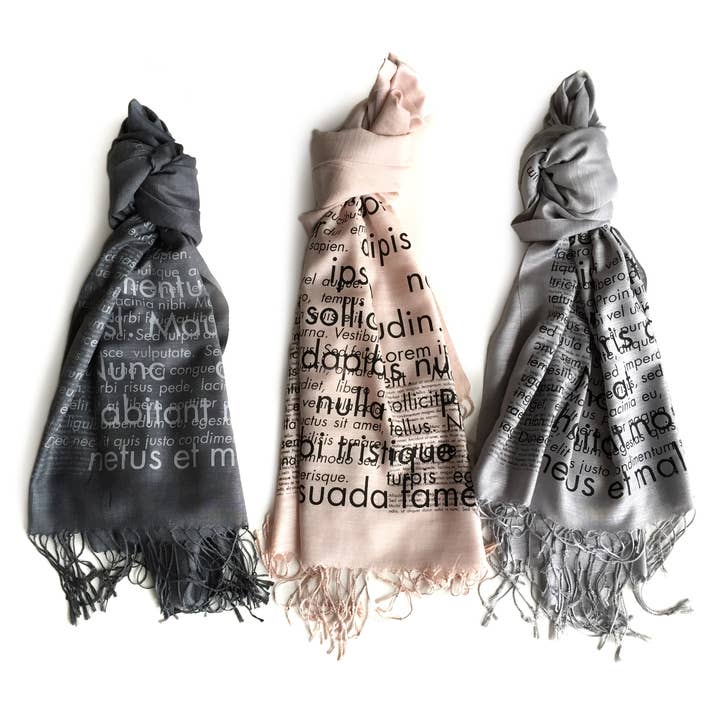 Lorem Ipsum Scarf. Graphic Design Linen-Weave Pashmina for wholesale by Cyberoptix Tie Lab