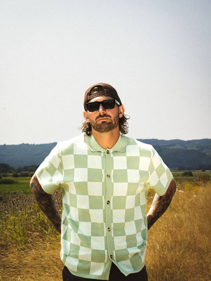 Checkered Knit Jacquard Button Up - Green for wholesale by Good Days