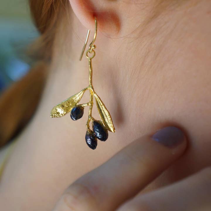Gold-Plated Sterling Silver Olive Leaf Dangle Earrings for wholesale by Mother Nature Jewelry