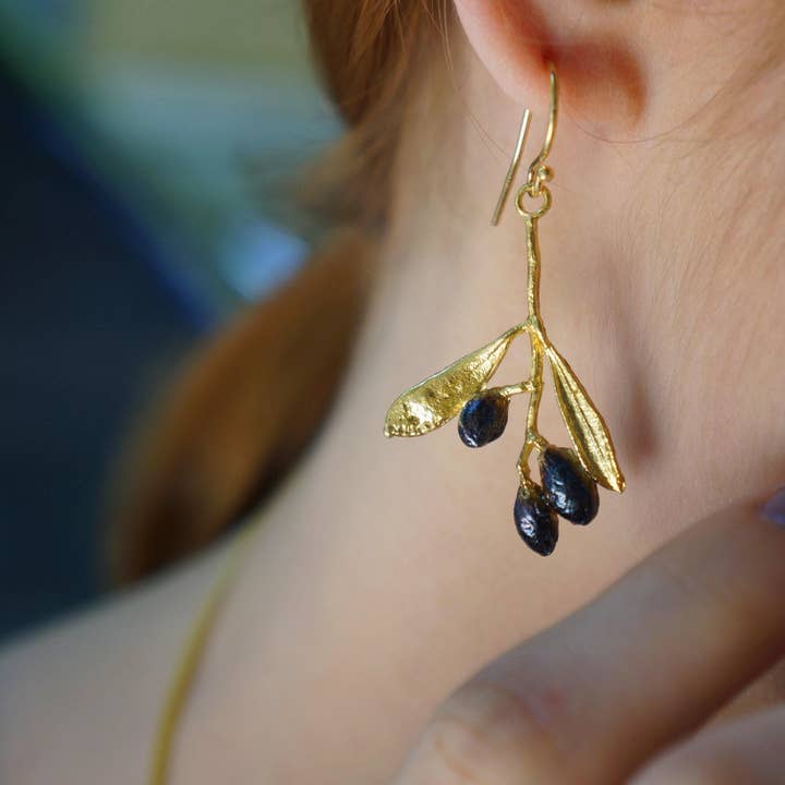Gold Olive Leaf Earrings, Gold-Plated Sterling Silver Jewelry, Dangle Earring, Gift For Her, Birthday Gift For Women, Handmade Jewelry for wholesale by Mother Nature Jewelry