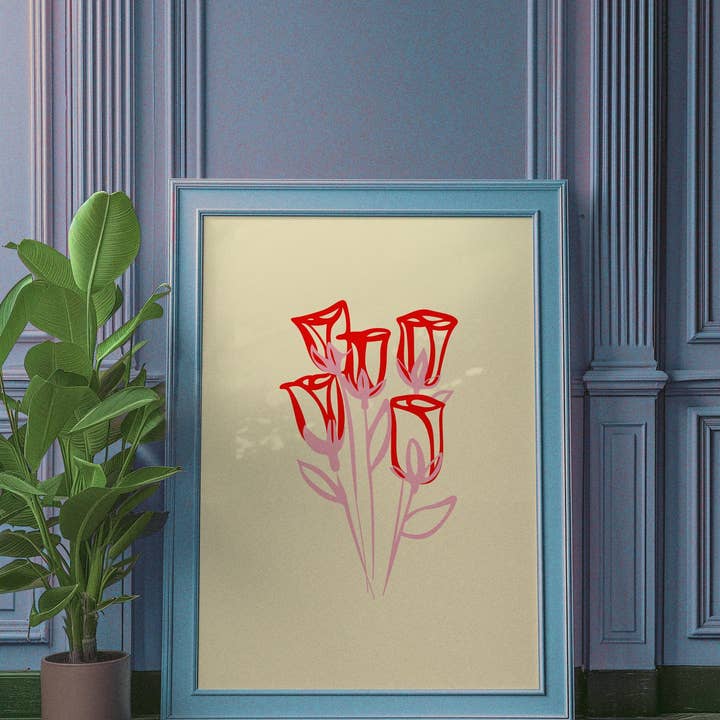 Modern Red & Pink Tulips Floral Wall Art Print for wholesale by Hound & Fox Print Co