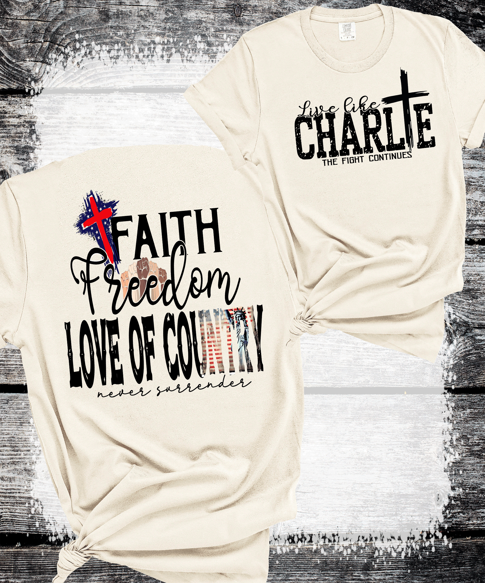 A Blessed Texas Mess Boutique - Wholesale Graphic Sweatshirt - Women's - Live Like Charlie trending Kirk The fight Continues Freedom3
