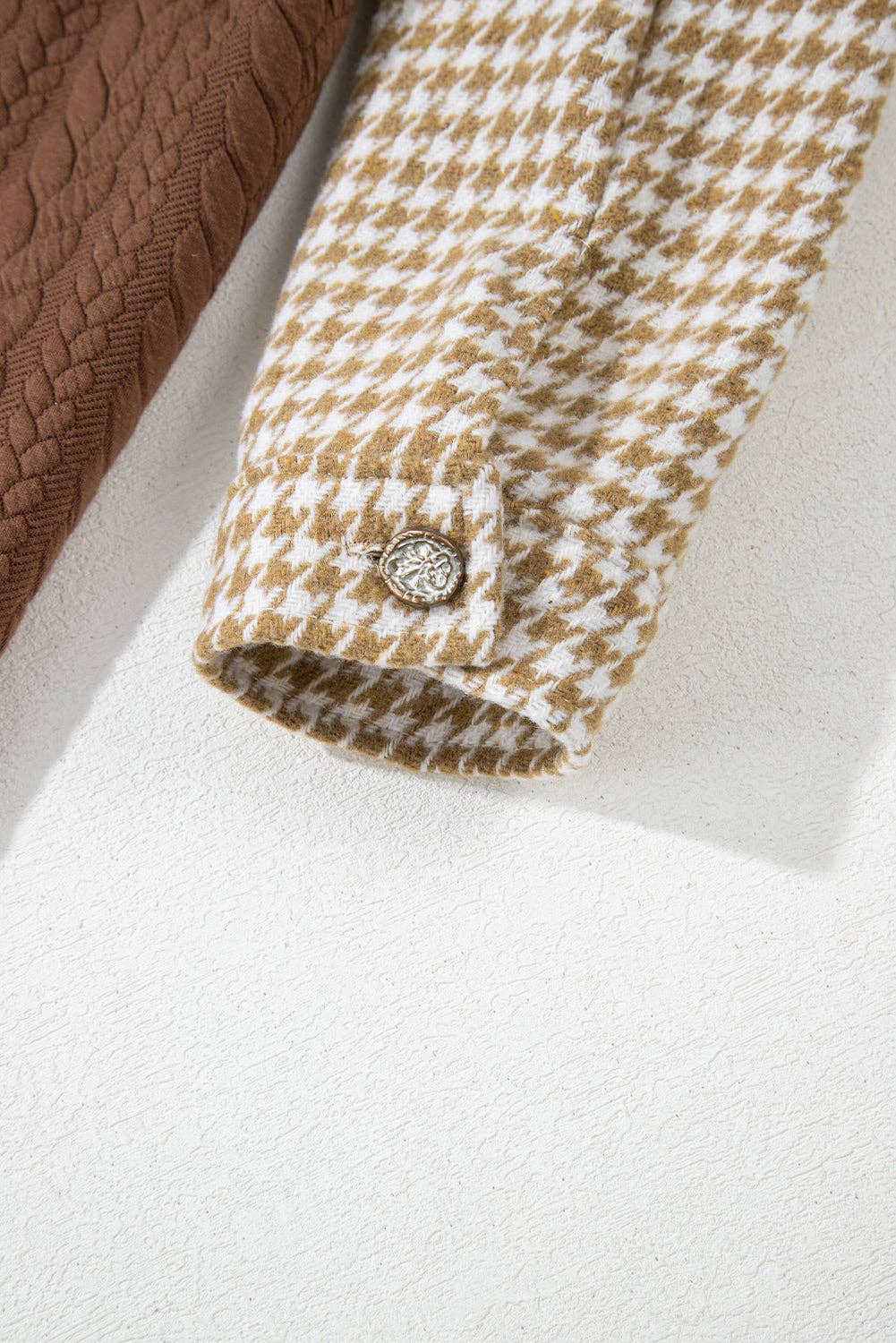 Khaki Houndstooth Color Contrast Textured Patchwork Shacket for wholesale on Faire8