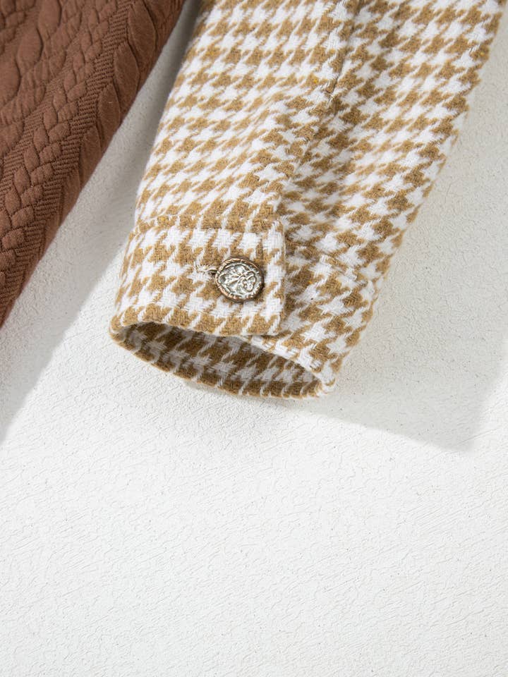 Khaki Houndstooth Color Contrast Textured Patchwork Shacket for wholesale on Faire8