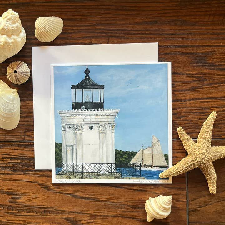 Carte de vœux vierge d'art fin Bug Lighthouse Maine pour la vente par Maine Girl Art