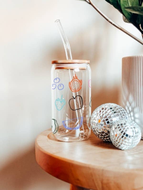 Fruit Doodle 16 Ounce Glass Cup for wholesale by 1st Allie