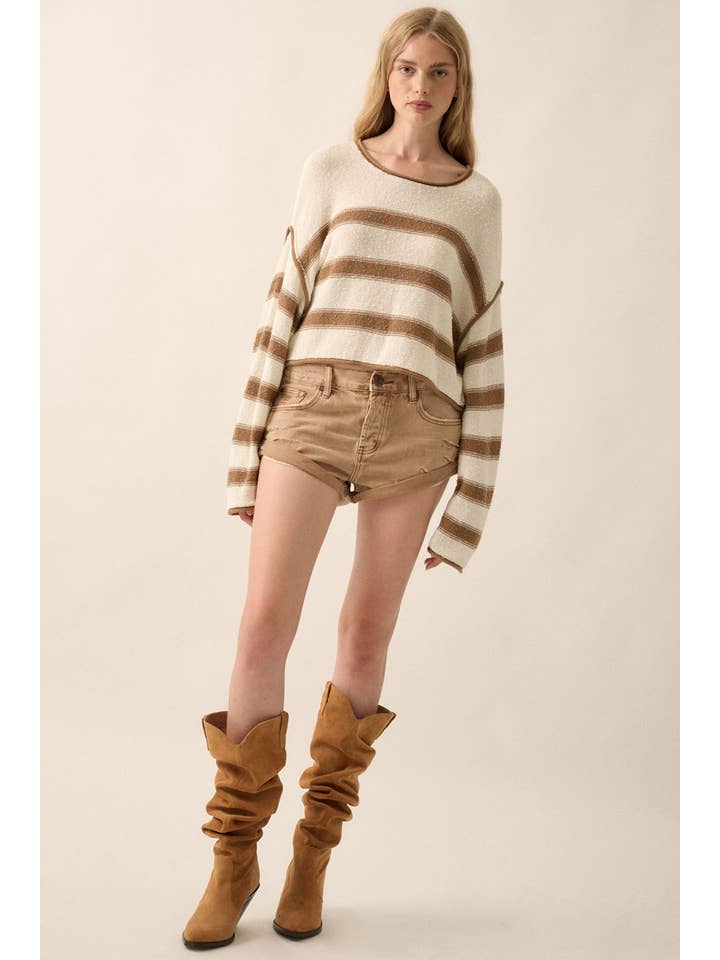 Promesa USA - Wholesale Knit Sweater - Women's - Striped Exposed-Seam Cropped Sweater