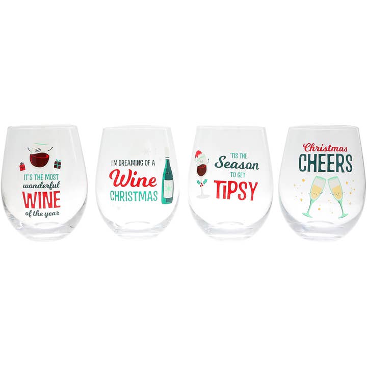 Pavilion - Wholesale Wine Glass - Holiday - 18 oz Stemless Wine Glasses - Set of 4