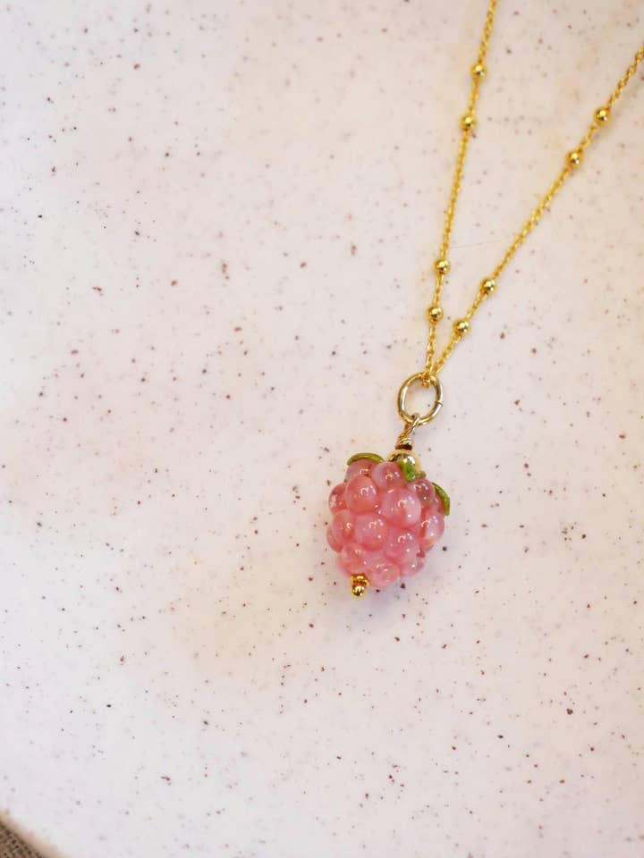 Golden raspberry pink long necklace for wholesale by CHRISTEL BUSSIERE