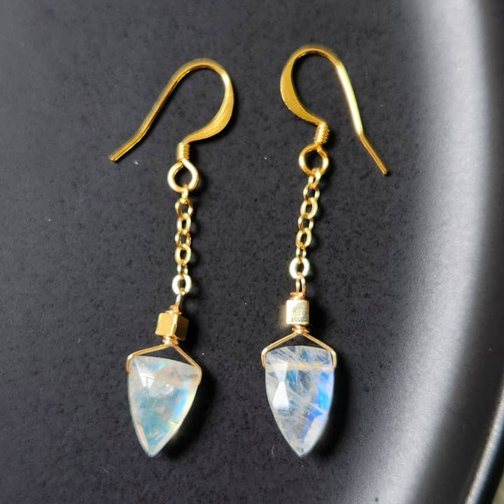Rainbow Moonstone Sheild with Gold Bead Earrings for wholesale by Edgy Petal Jewelry