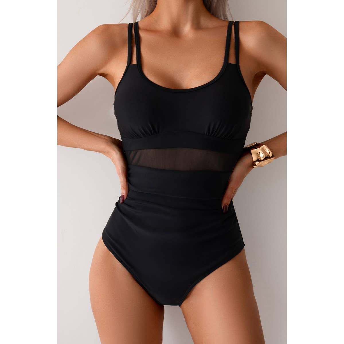 Supreme Fashion - Wholesale One Piece Swimsuit - Women's - Solid Square Beck Double Strap Mesh Swimsuit0