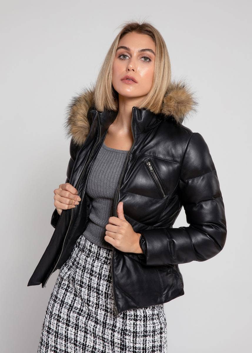 Fadcloset - Wholesale Leather Jacket - Women's - Black Women Joselyn Puffer Winter Down Leather Jacket1