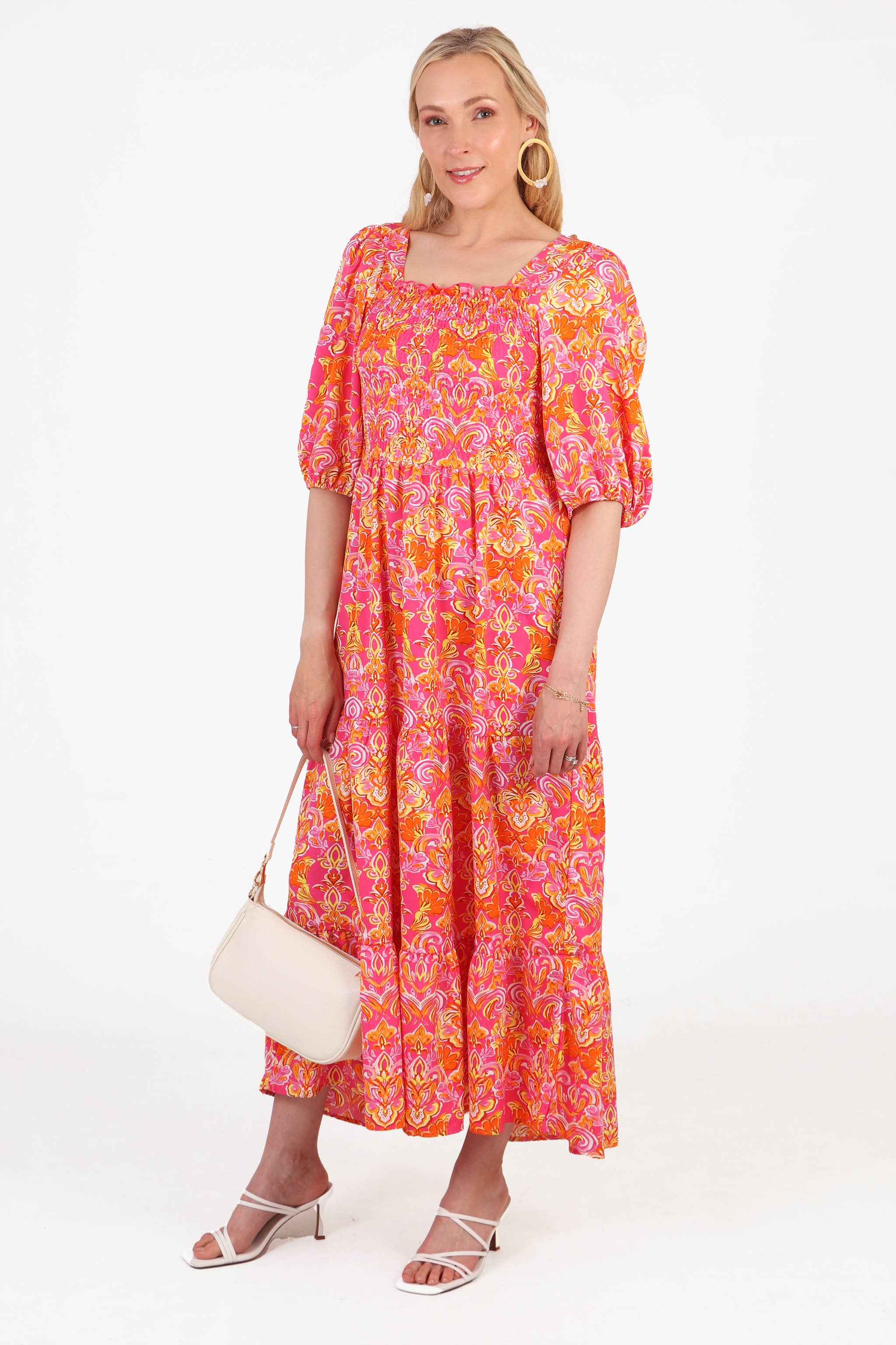 Sarta - Wholesale Dress - Women's - Fleur de Lis Print Tiered Maxi Milkmaid Dress in Pink2